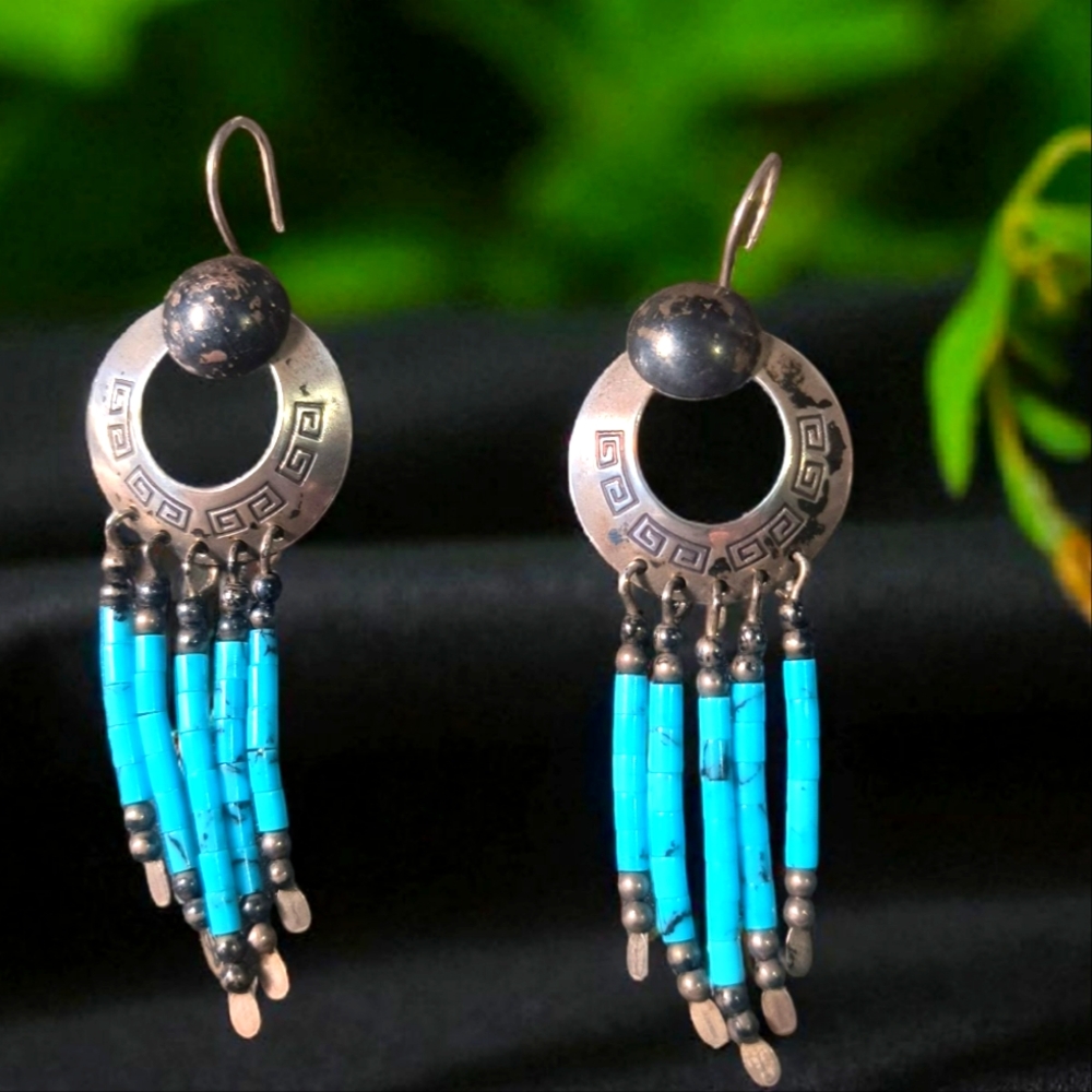 Sterling Silver And Blue Stone Southwestern Style Fringe Earrings